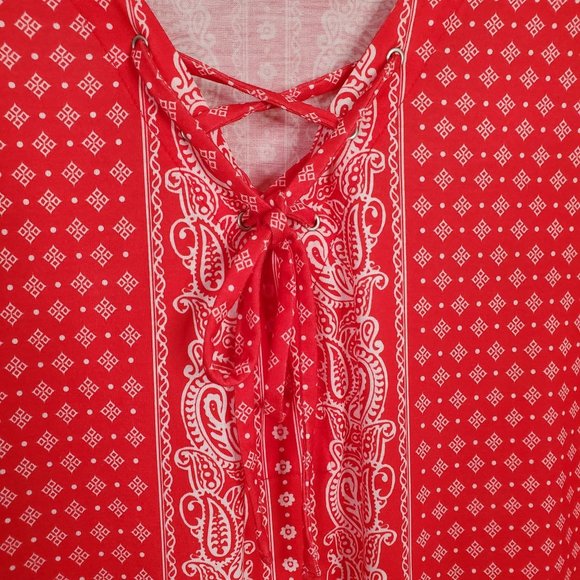 Catherines Size 3X 26/28W Blouse Pullover Stretch Paisley Lace Up Tunic Red - Picture 8 of 10